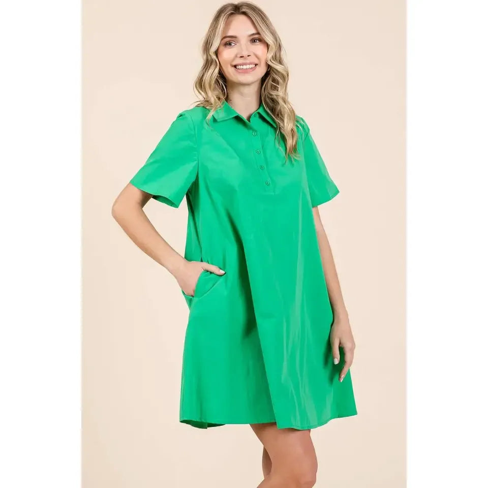 Poplin Collar Pleated Back Mini Dress