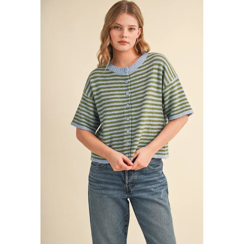Striped Short Sleeve Sweater Cardigan