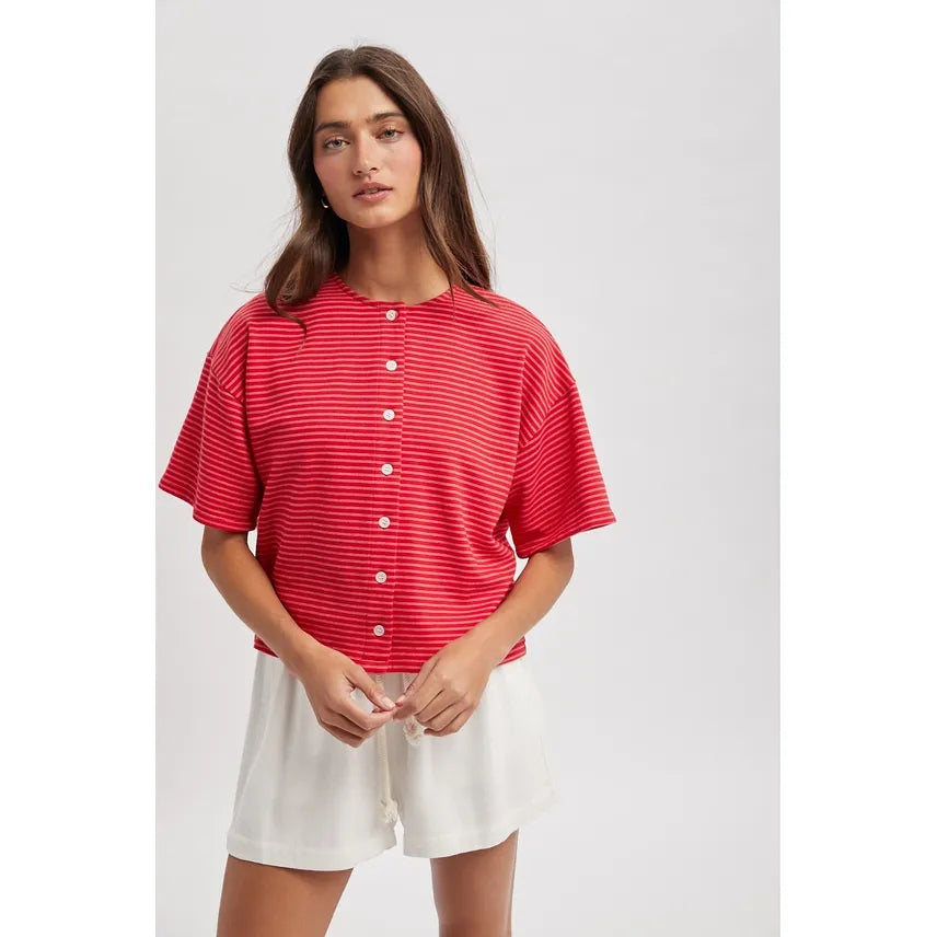 Boxy Striped Button Front Knit Top