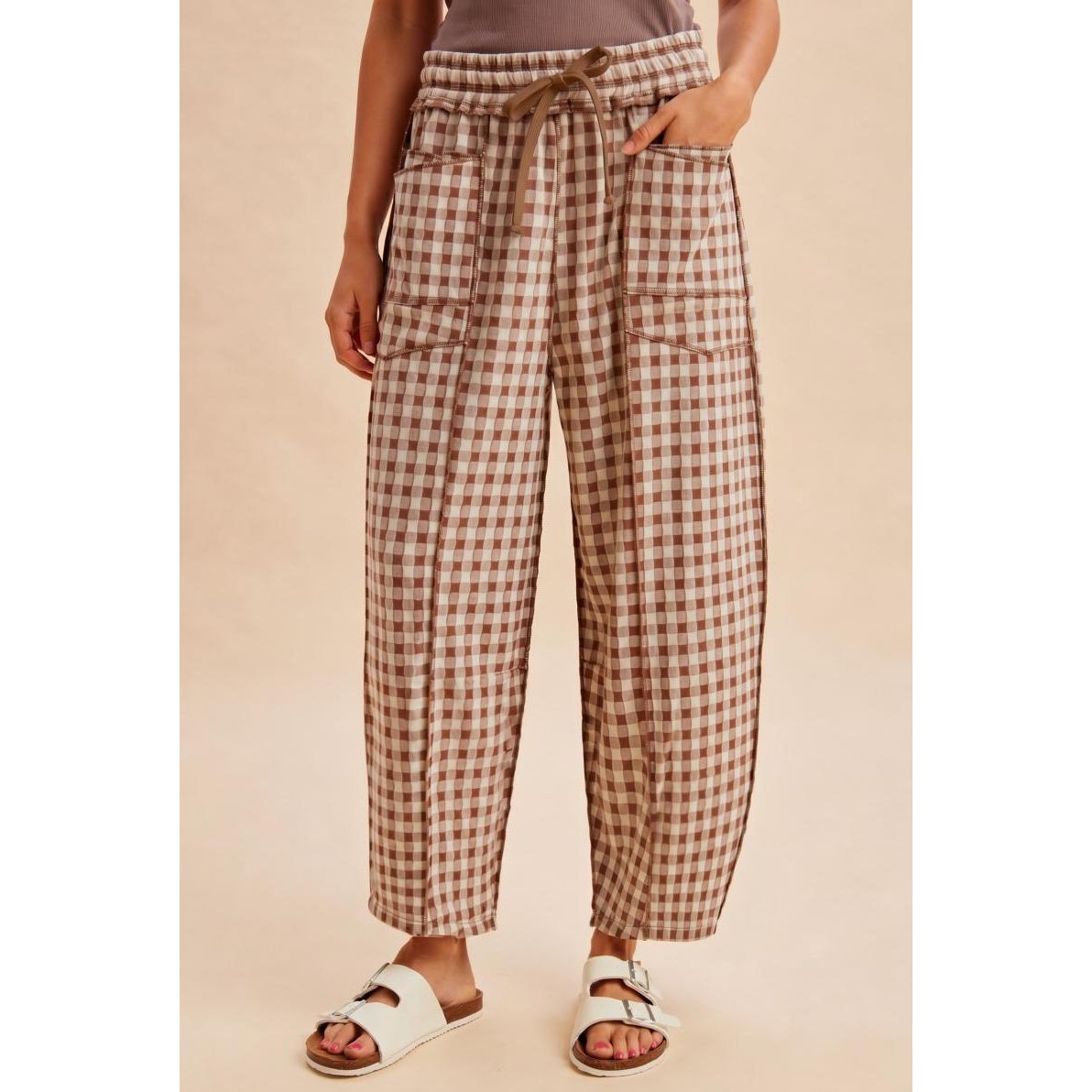 Soft Brushed Check Barrel Fit Utility Knit Pants