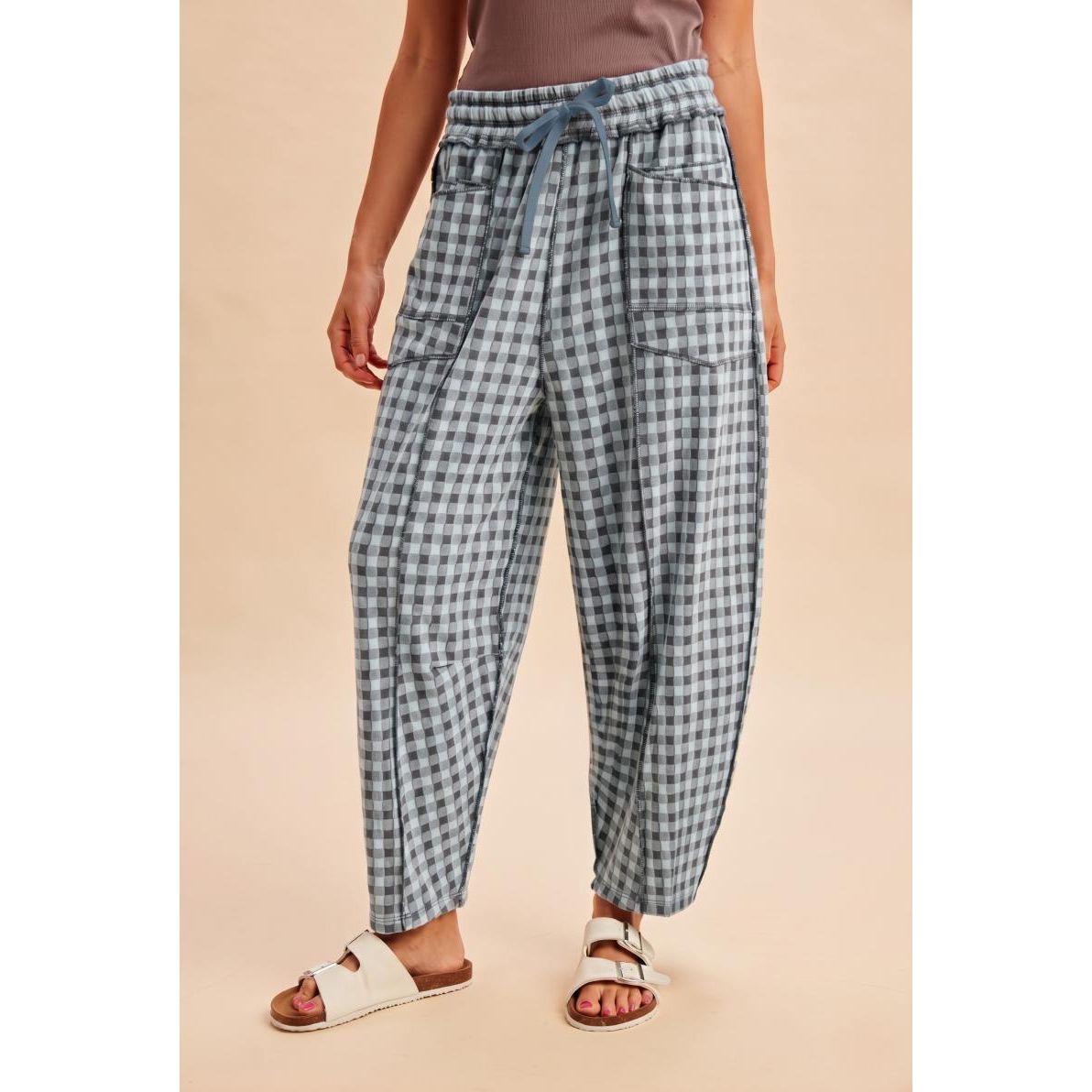 Soft Brushed Check Barrel Fit Utility Knit Pants