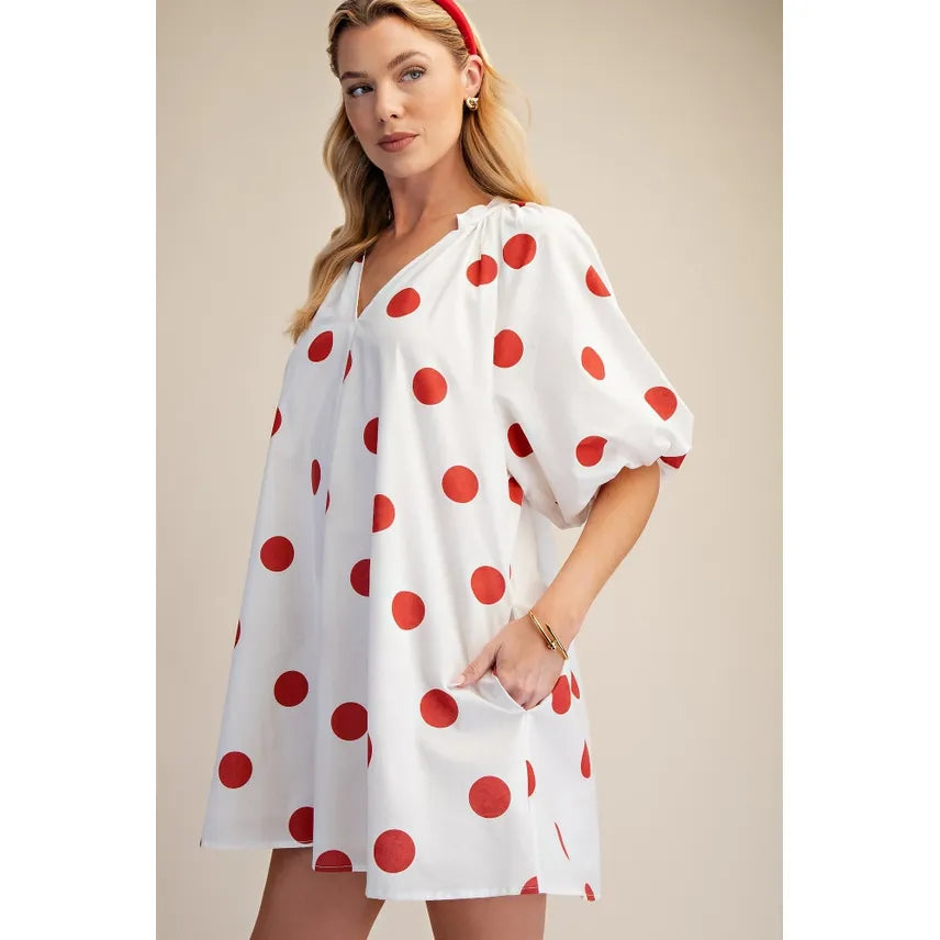 Polka Dot Puff-Sleeve Mini Shift Dress