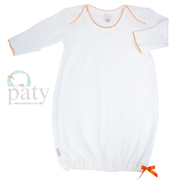 White Knit Newborn Gown with Orange Trim