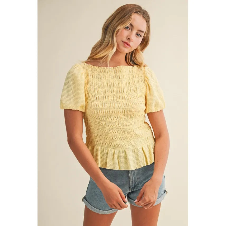 Flocked Stripe Smocked Puff Sleeve Top