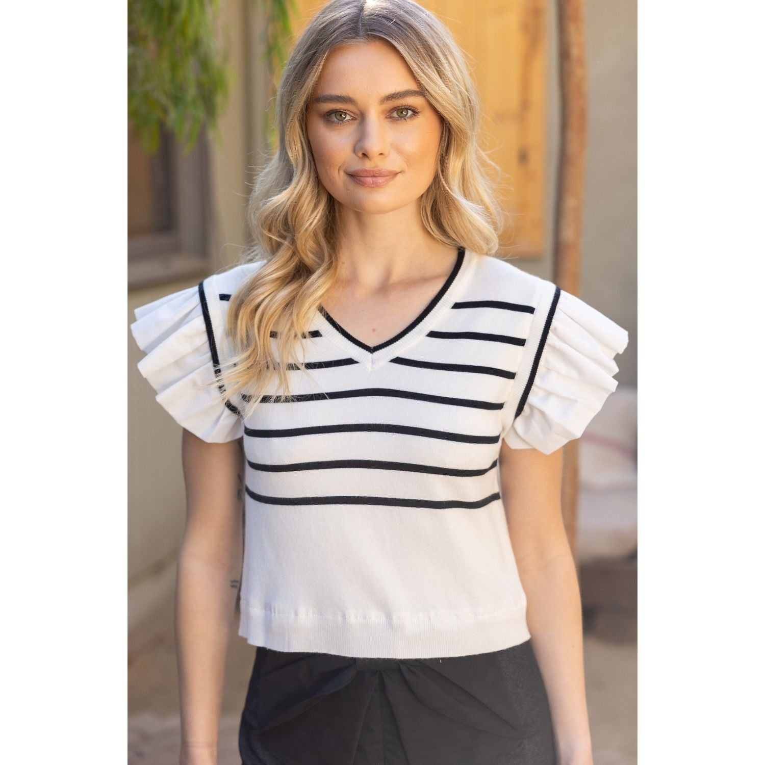 Striped Short Ruffle Sleeved Knit Top