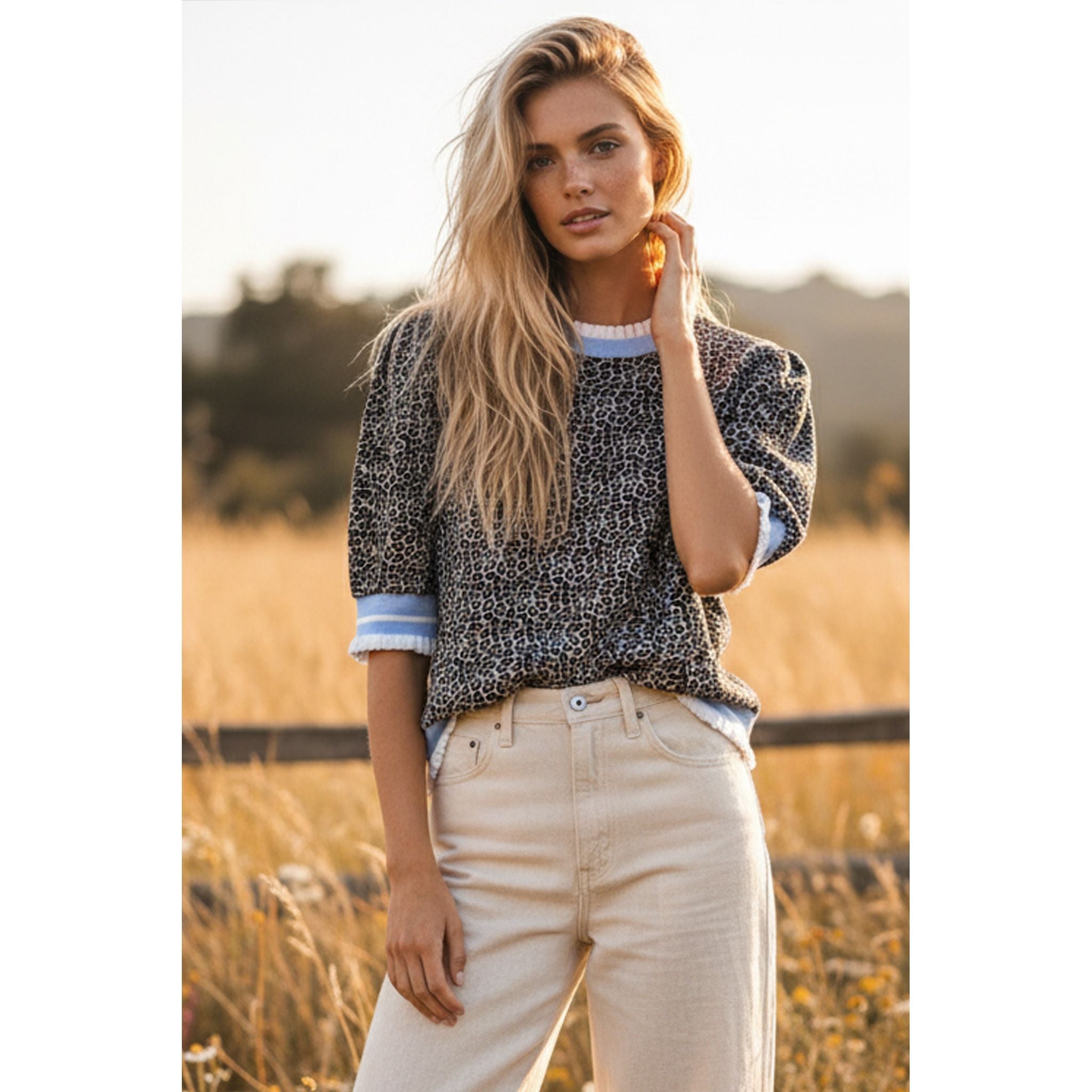 Leopard Print Ribbed Knit Top With Contrast Trim