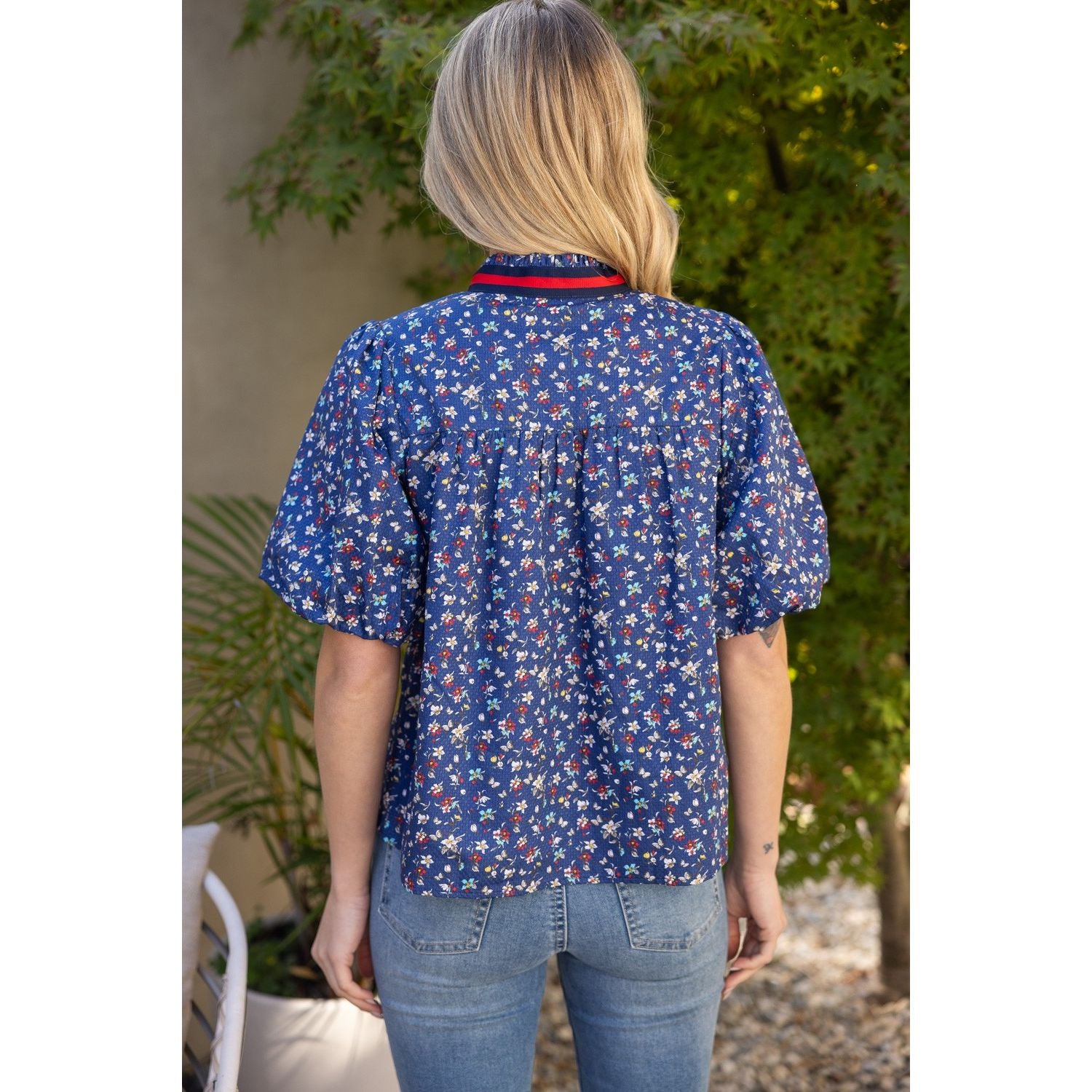 Multi Color Striped Trim Detailed Floral Top