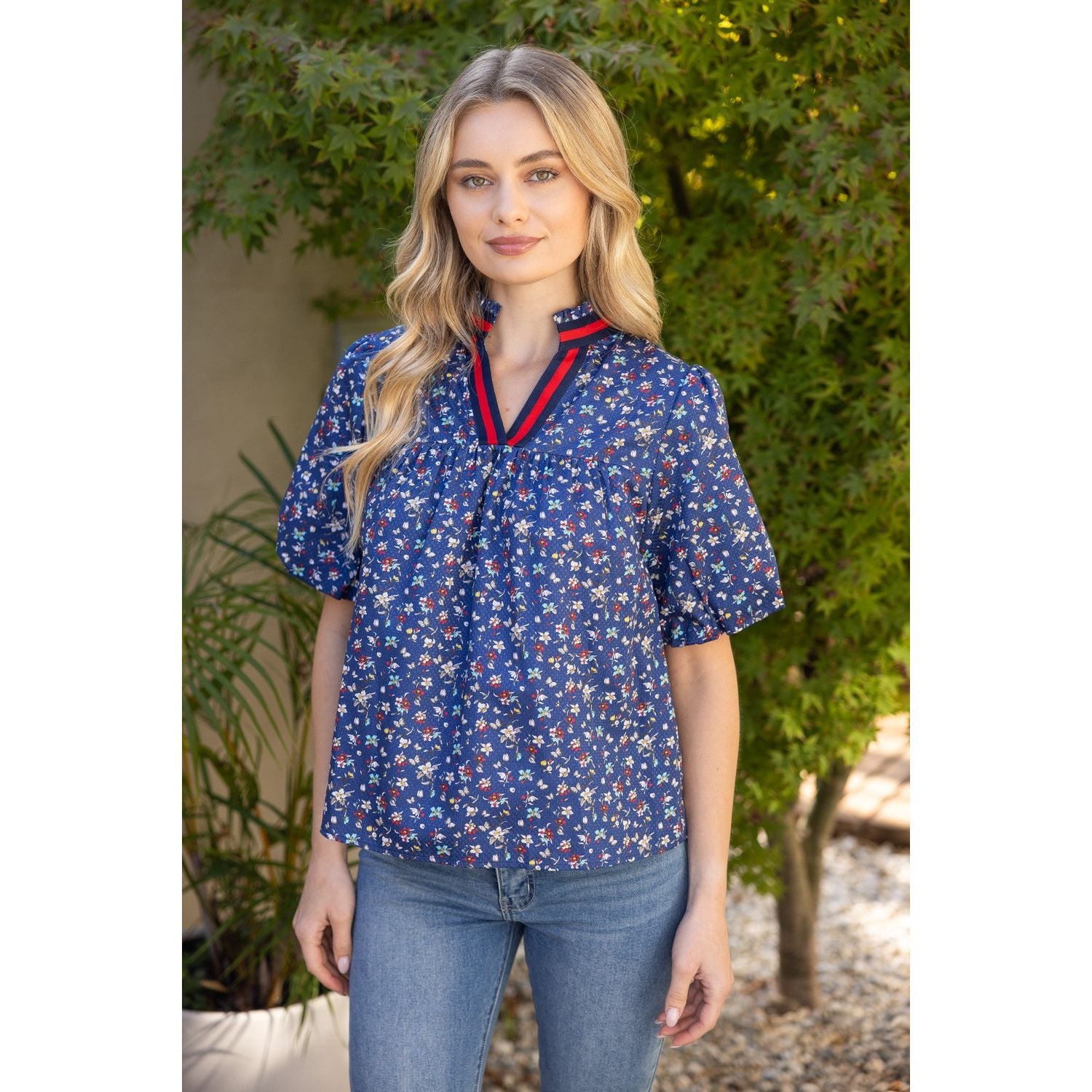 Multi Color Striped Trim Detailed Floral Top