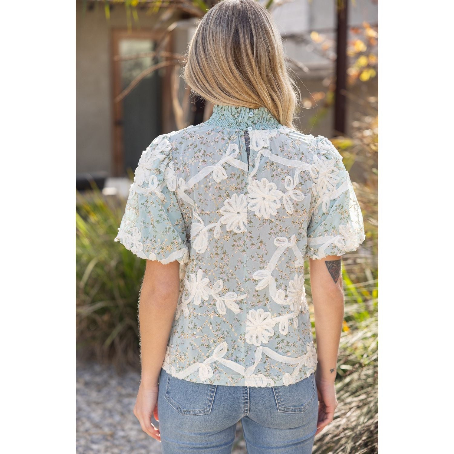 Smocked Mock Neck With Floral Lace Detailed Top