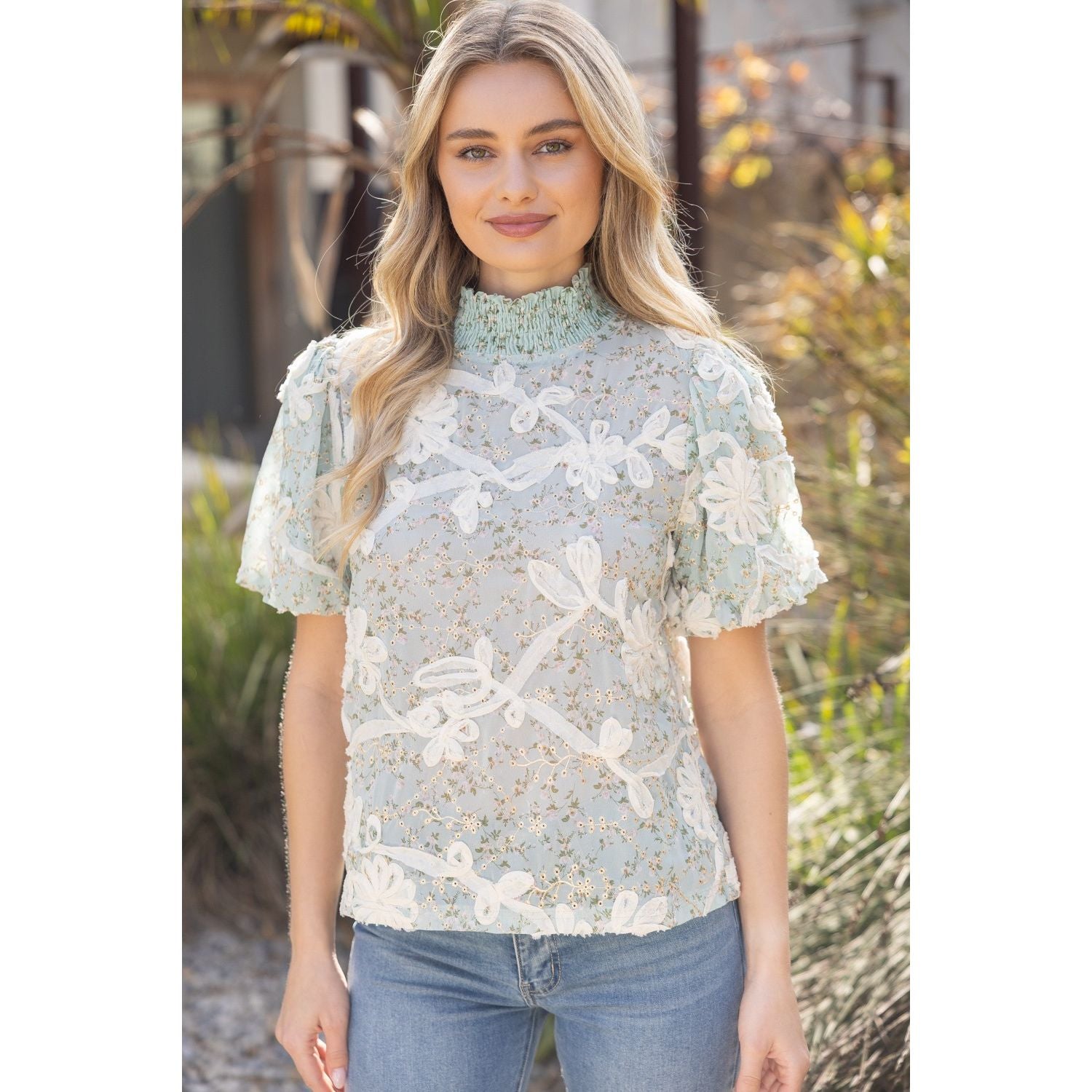 Smocked Mock Neck With Floral Lace Detailed Top