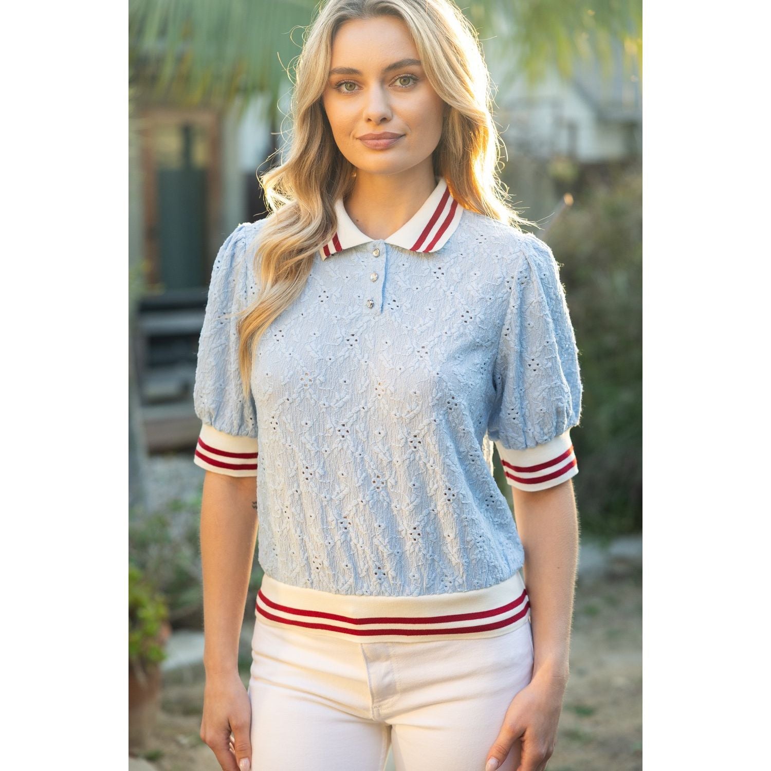 Stripe Ribbed Knit Collared Floral Eyelet Top