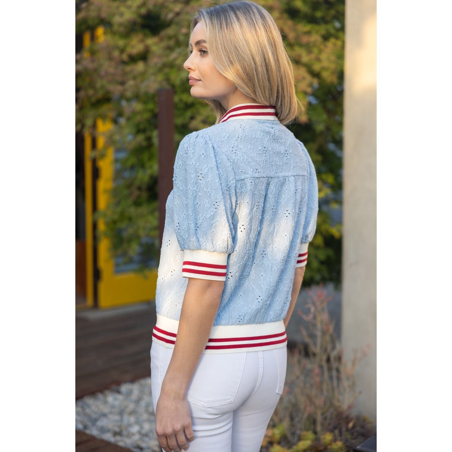 Stripe Ribbed Knit Collared Floral Eyelet Top