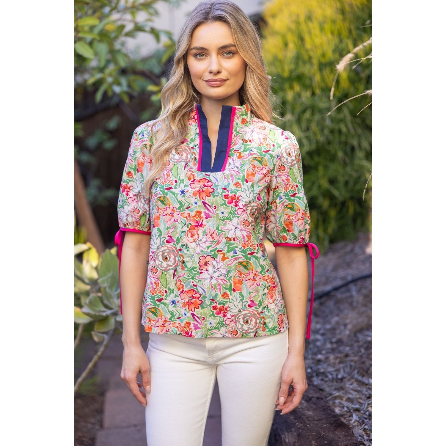 Contrast Quarter Placket Self Tie Floral Top