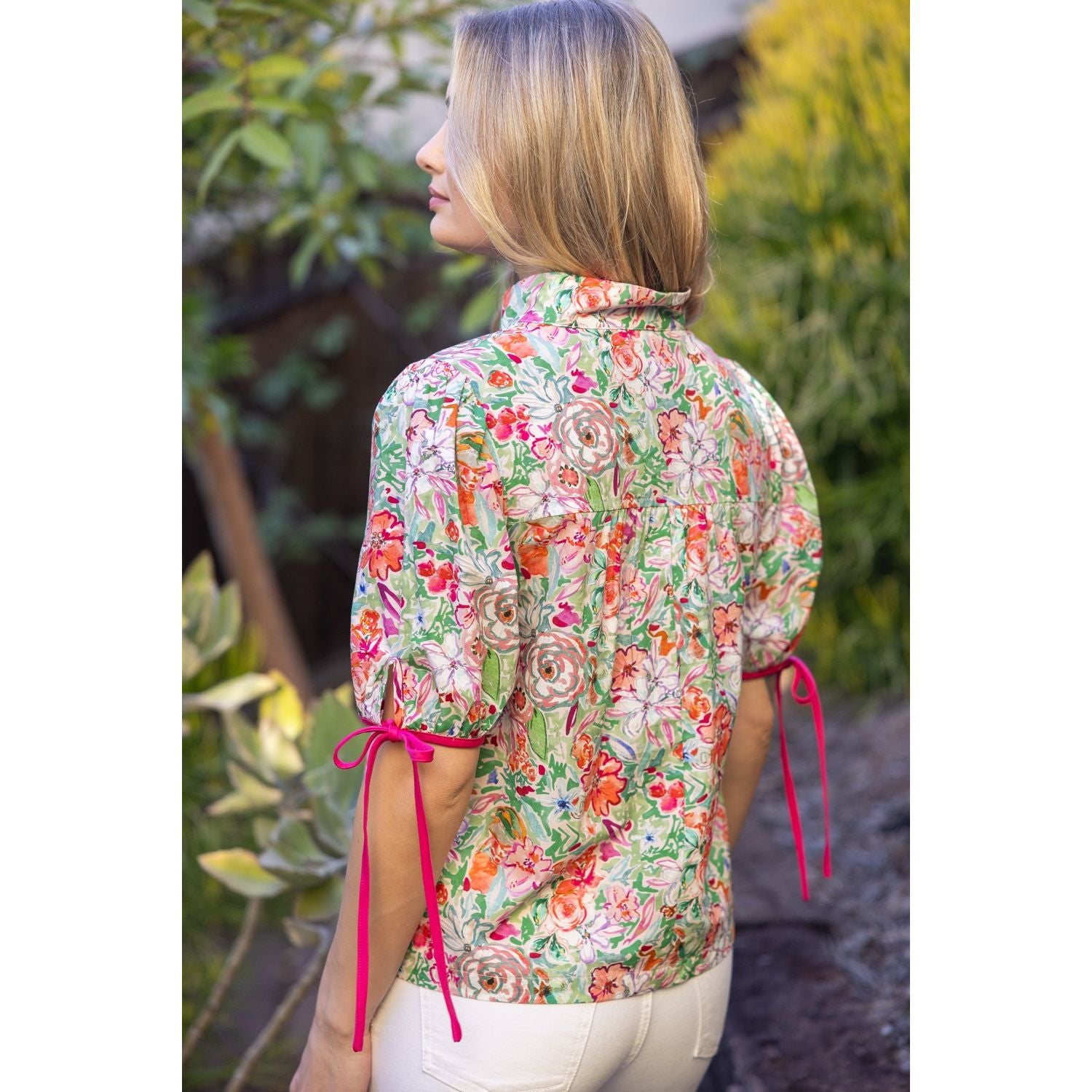 Contrast Quarter Placket Self Tie Floral Top