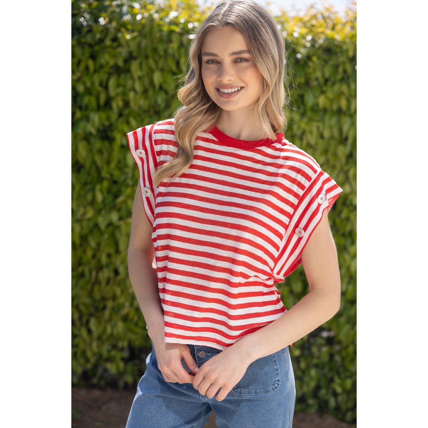 Striped Short Sleeve Button Detailed Top
