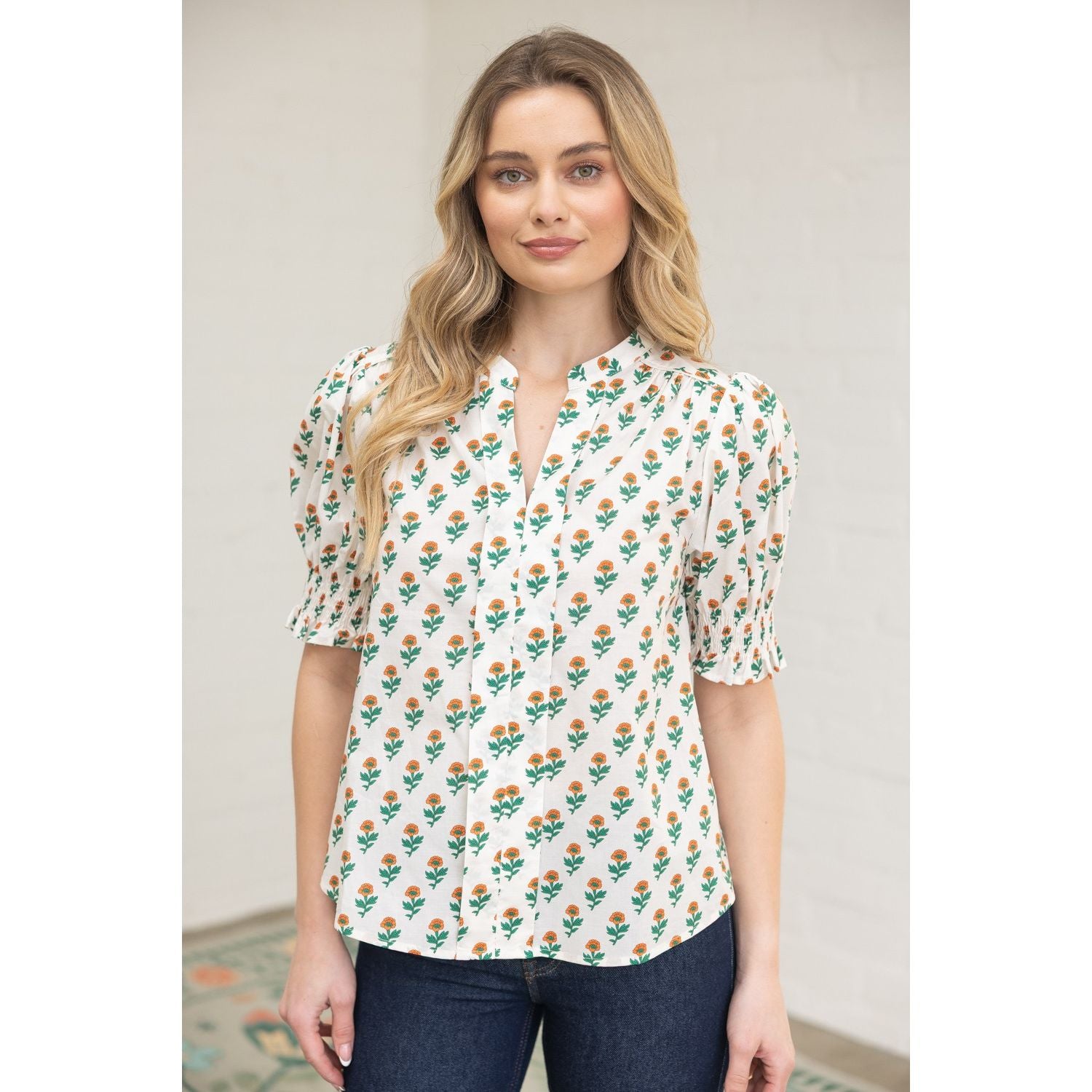 Smocked Cuff Folded Placket Floral Print Top