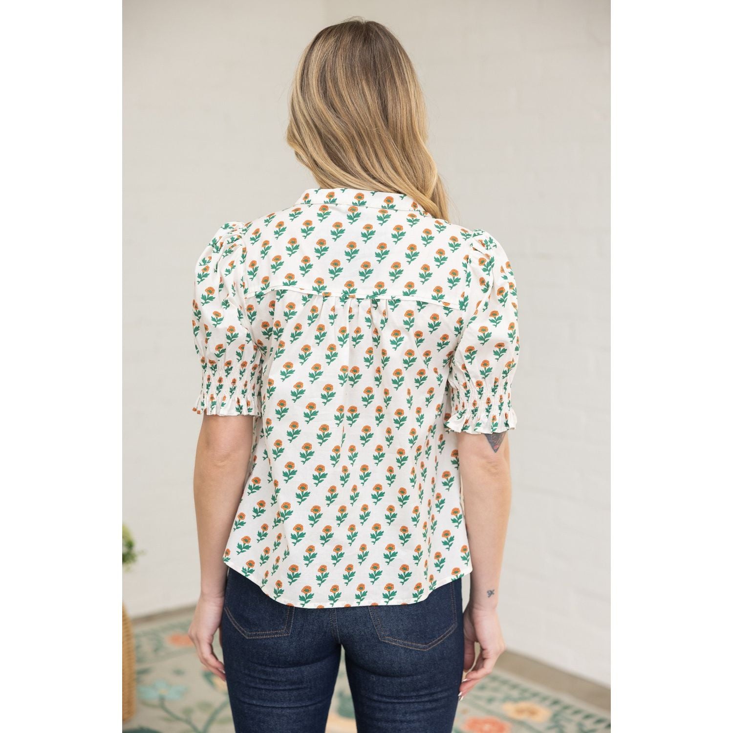 Smocked Cuff Folded Placket Floral Print Top