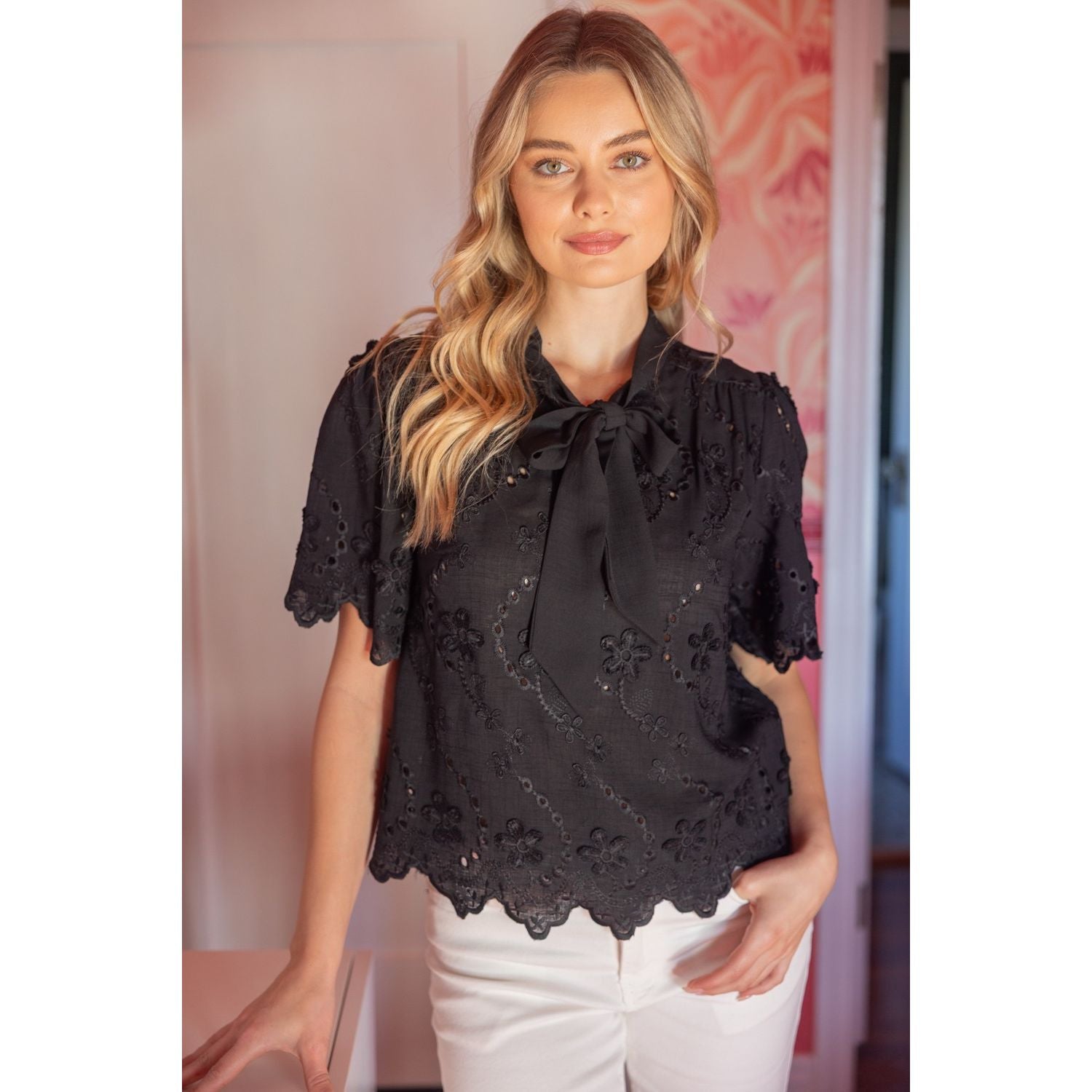 Solid Self Tie Floral Eyelet Scallop Detailed Top