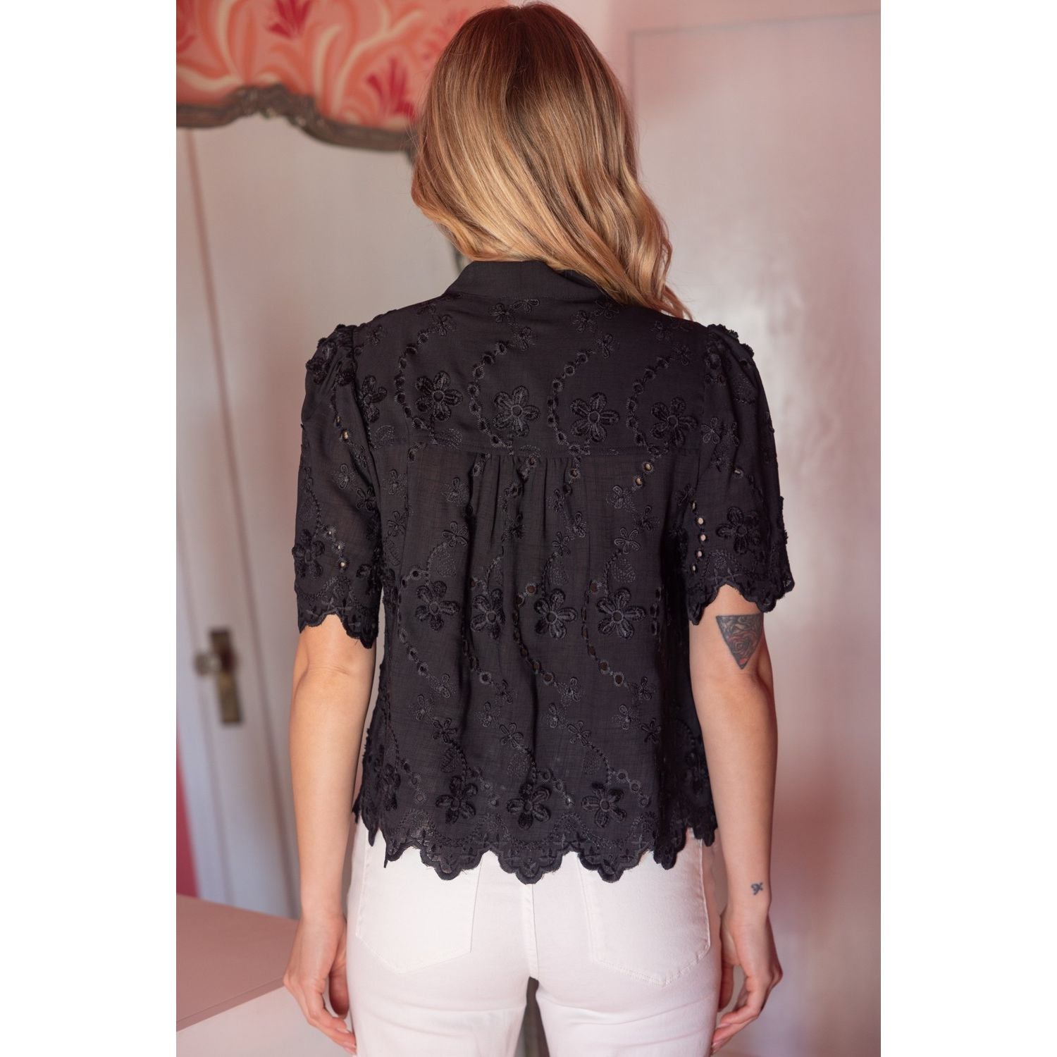 Solid Self Tie Floral Eyelet Scallop Detailed Top
