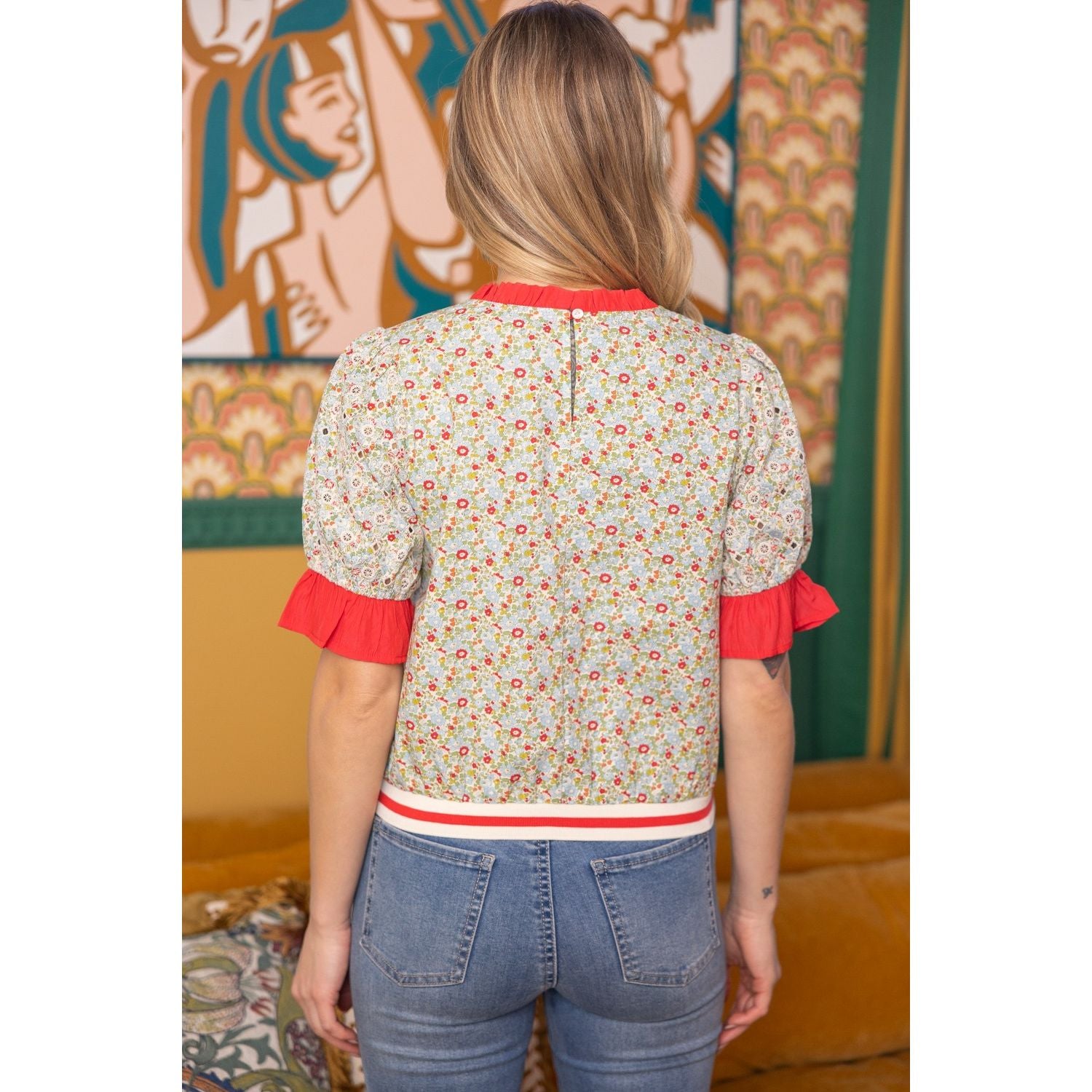 Ruffle Striped Band Floral Embroidered Top