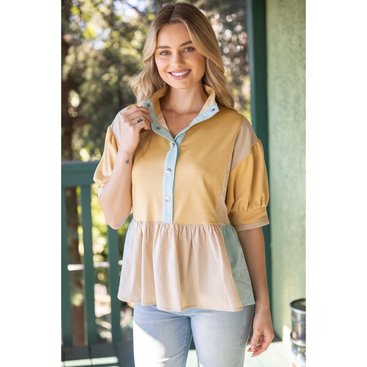 Snap Button Mixed Color Block Peplum Top
