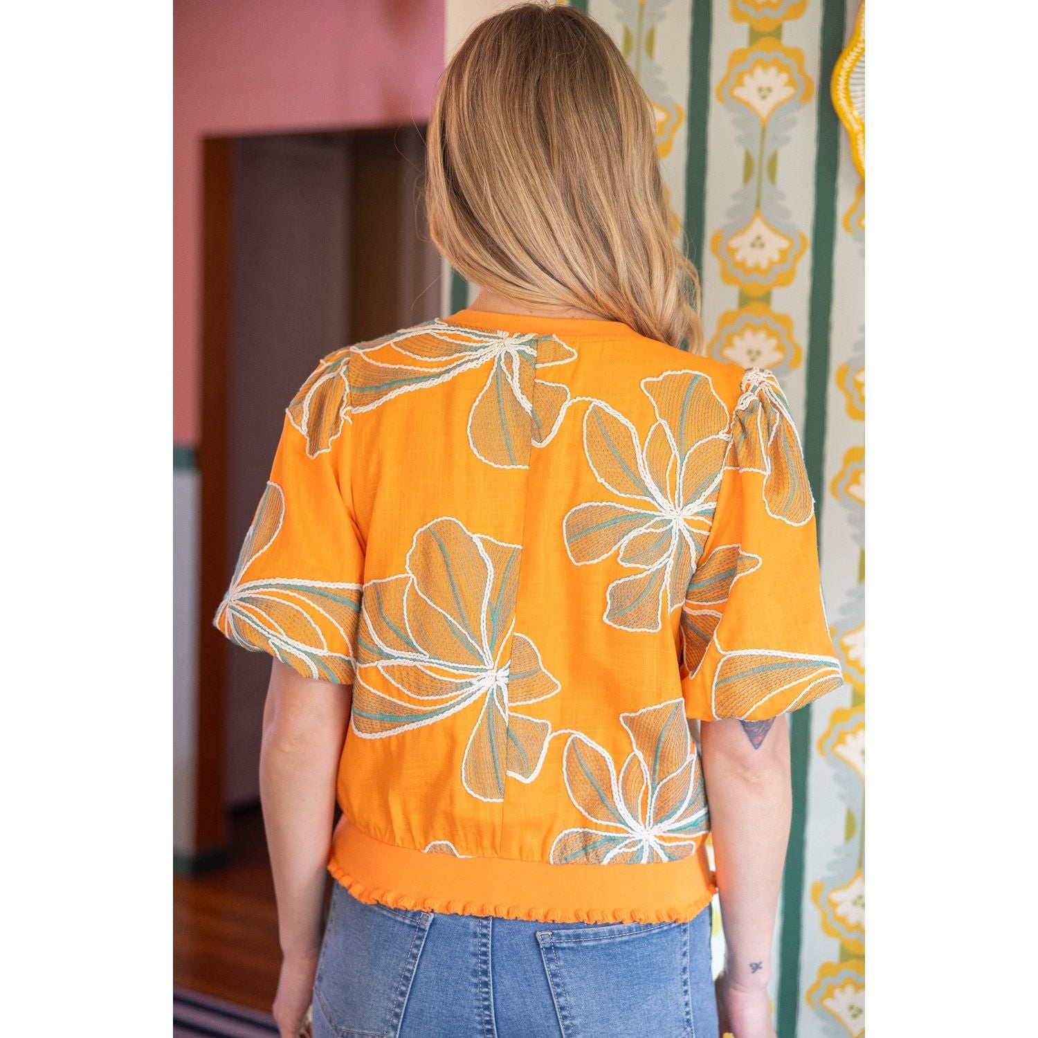 Contrast Band Detailed Floral Embroidery Top