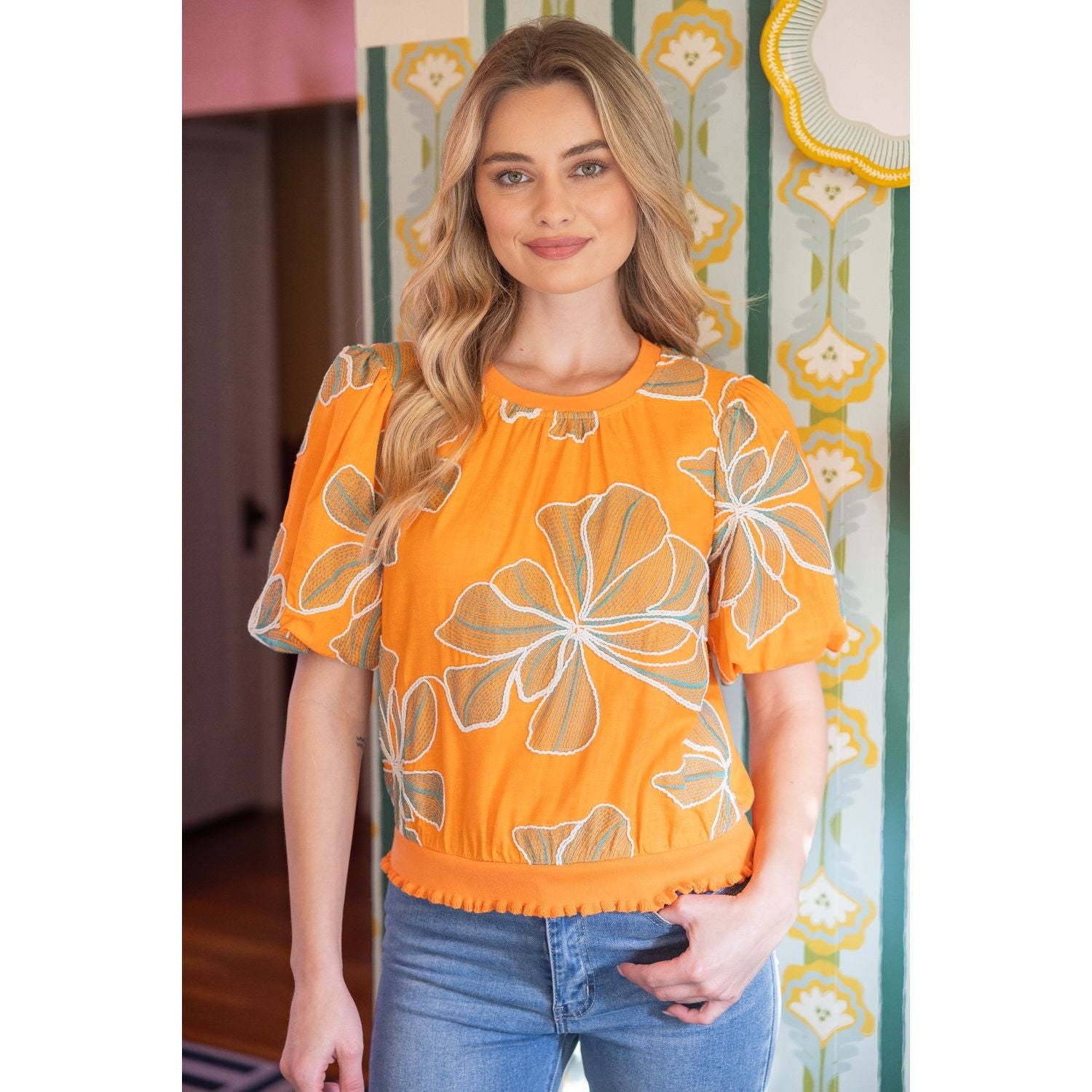 Contrast Band Detailed Floral Embroidery Top