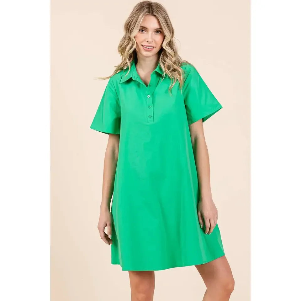 Poplin Collar Pleated Back Mini Dress