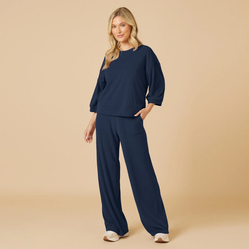 Softies Women’s Summer Terry Cropped Sleeve Crew & Wide Leg Pant Set