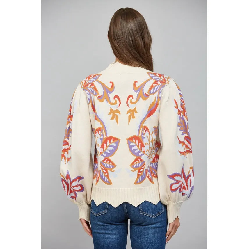 Floral & Leaf Motif Jacquard Knit Waved Edge Detail Sweater