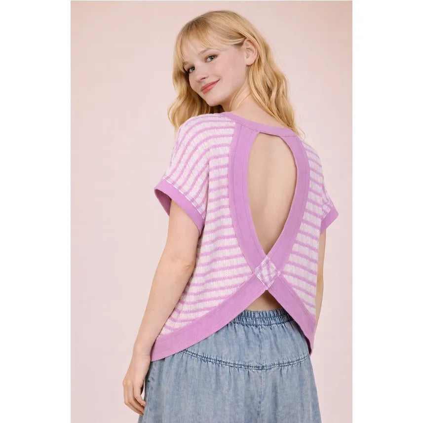 Open Back Striped Textured Knit Top