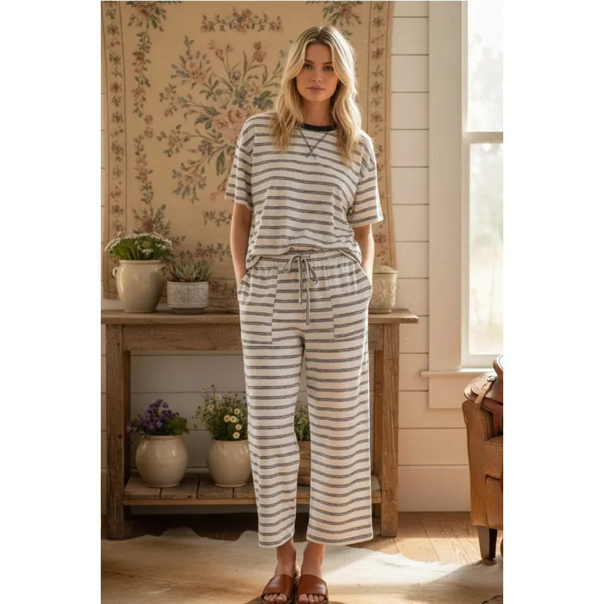 Striped Relaxed Fit Knit Top and Wide Leg Pant Set