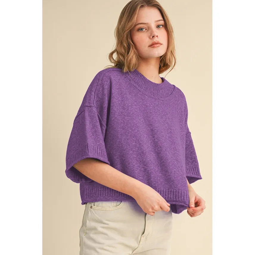 Marled Knit Mock Neck Short Sleeve Sweater