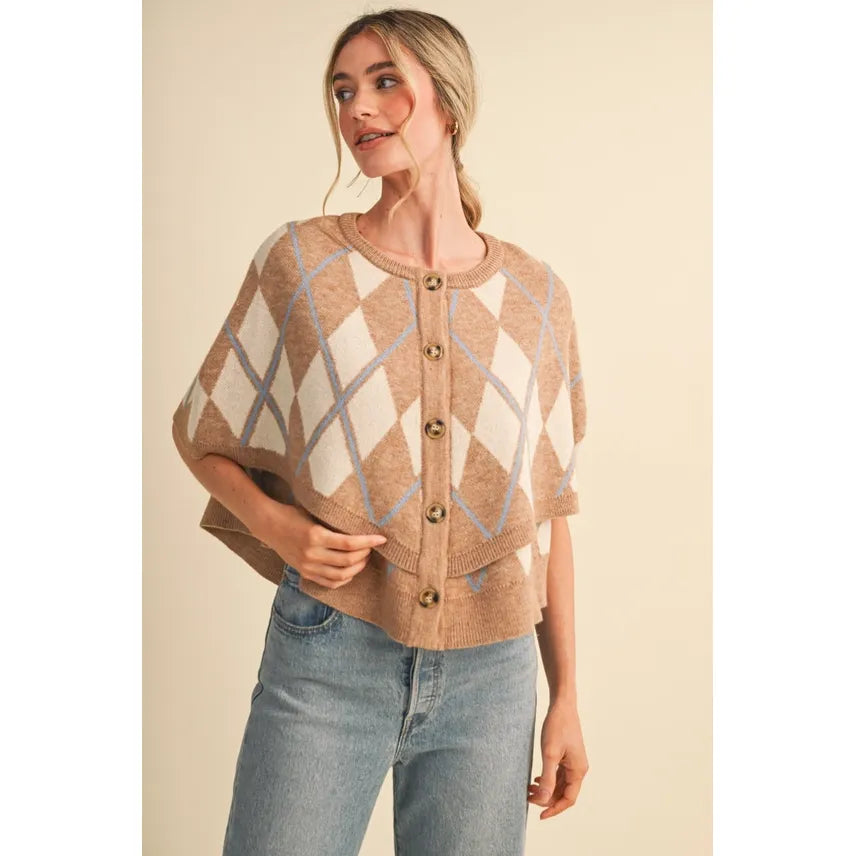 Argyle Button Down Cape Cardigan