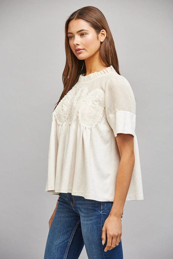 Sheer Mesh Upper Panel with Lace Applique Faux Suede Top