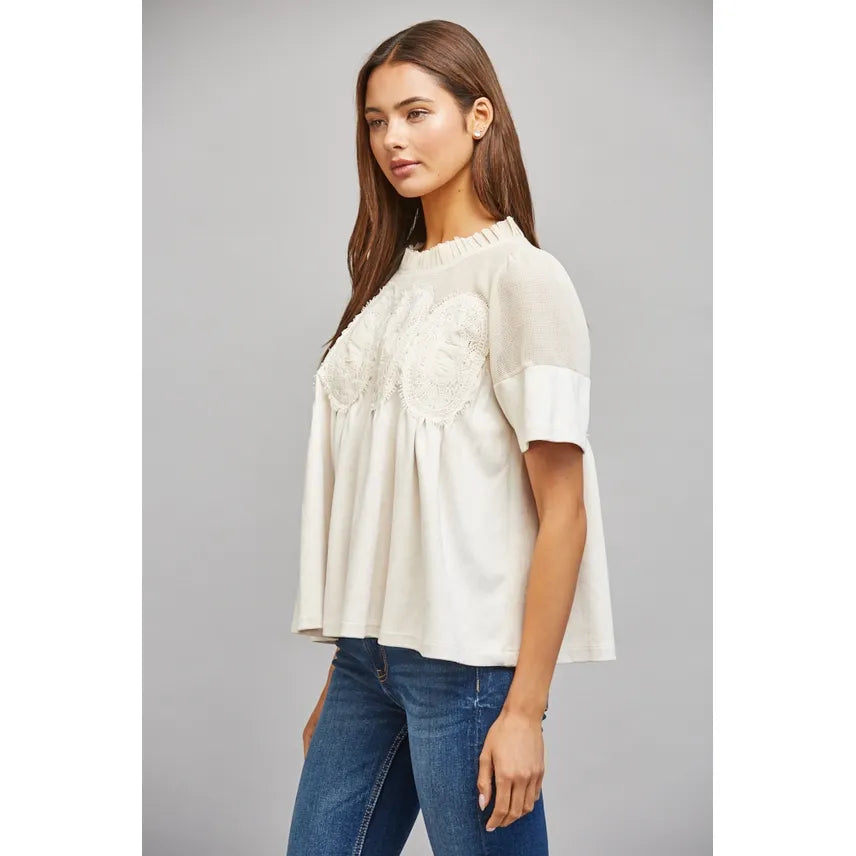 Sheer Mesh Upper Panel with Lace Applique Faux Suede Top