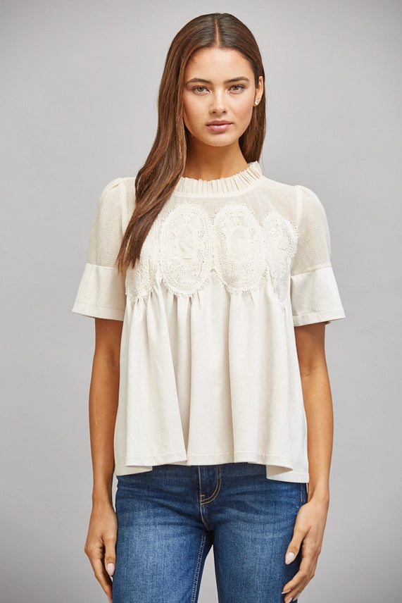 Sheer Mesh Upper Panel with Lace Applique Faux Suede Top