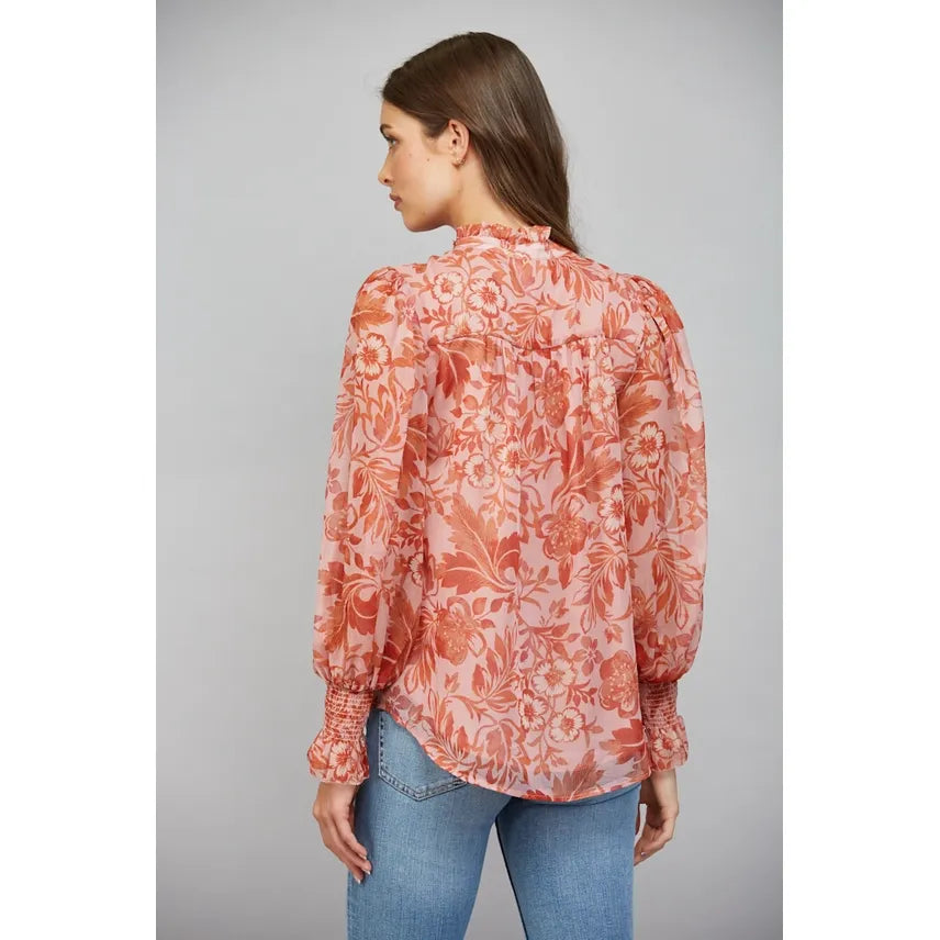 Floral Print Silky Chiffon Ruffled High Neckline Button Down