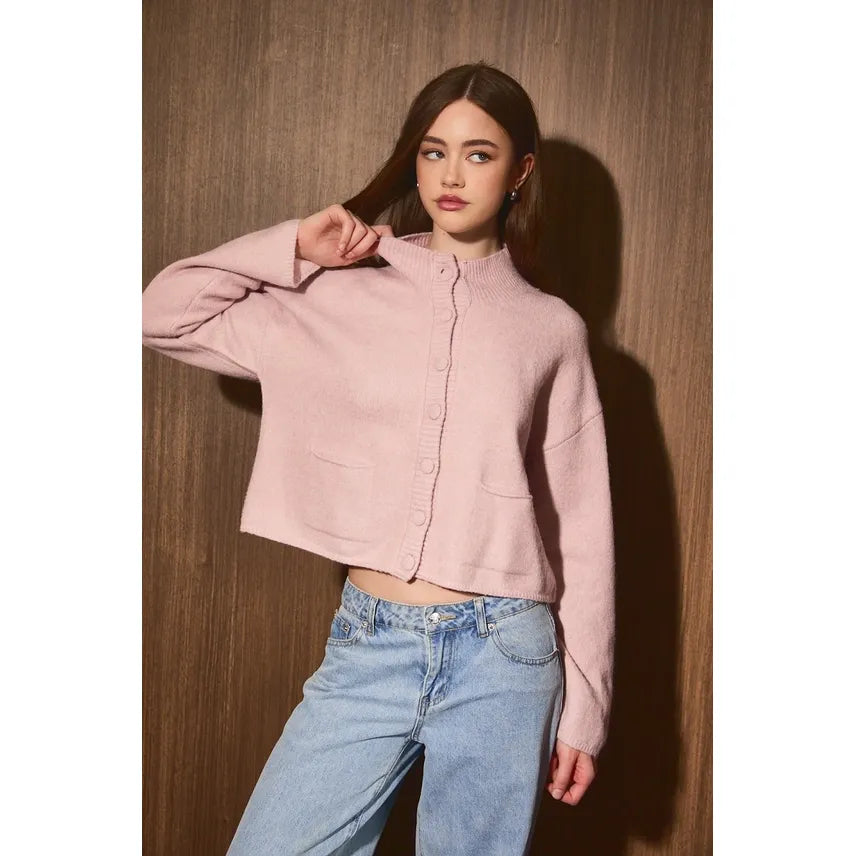 Mock Neck Front Pocket Button Down Cardigan