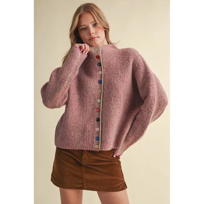Mixed Button Fuchsia Lime Sweater Cardigan