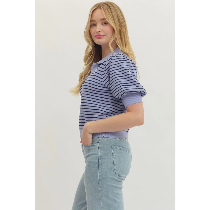 Lavender Striped Short Puff Sleeve Top