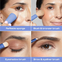 Makeup brushes being used on a person's face with labels for each brush type.