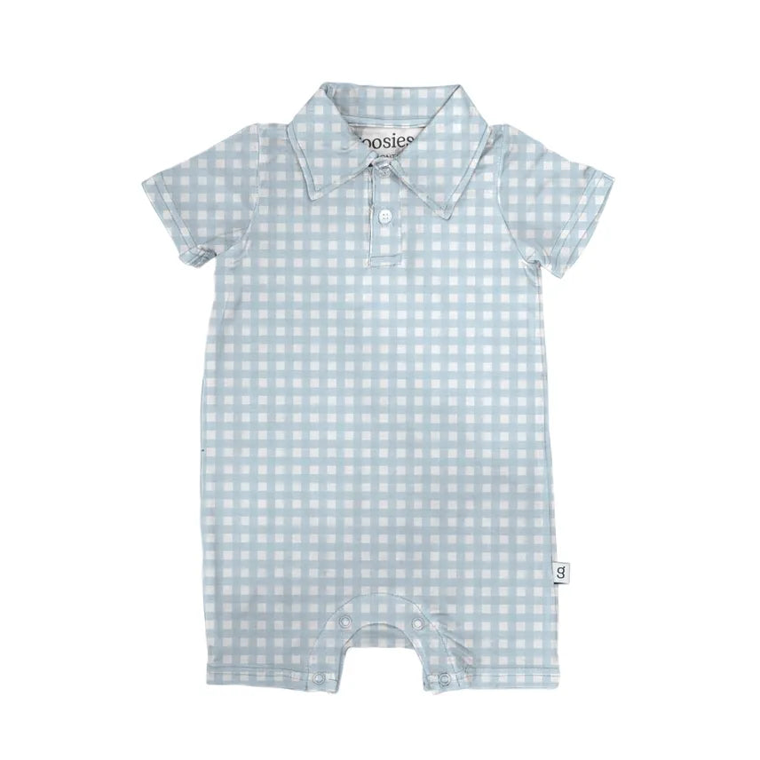 Blue Gingham Short Sleeve Polo Romper