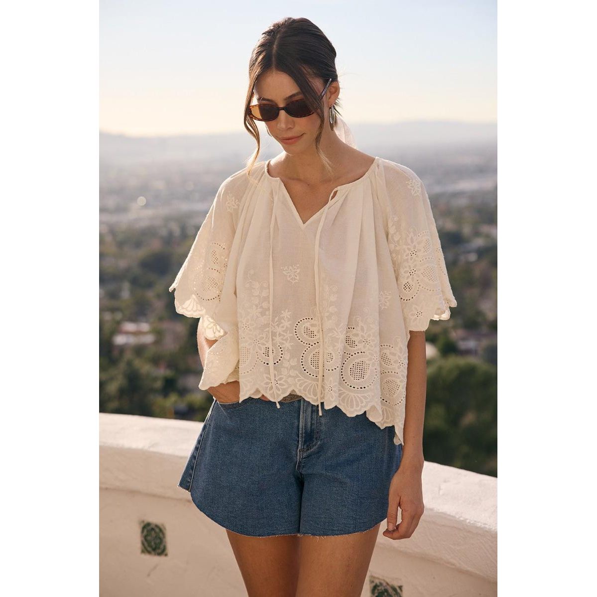 Floral Eyelet Cotton Scalloped Blouse