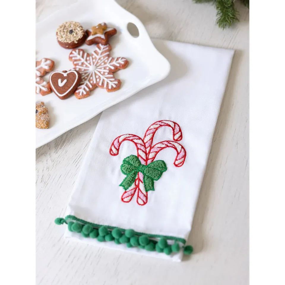 Embroidered Candy Cane Tea Towel