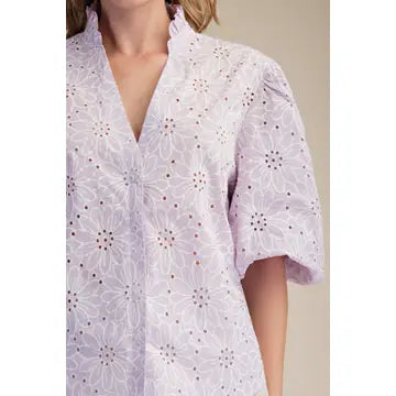 Puff Sleeve Flower Eyelet Shirt