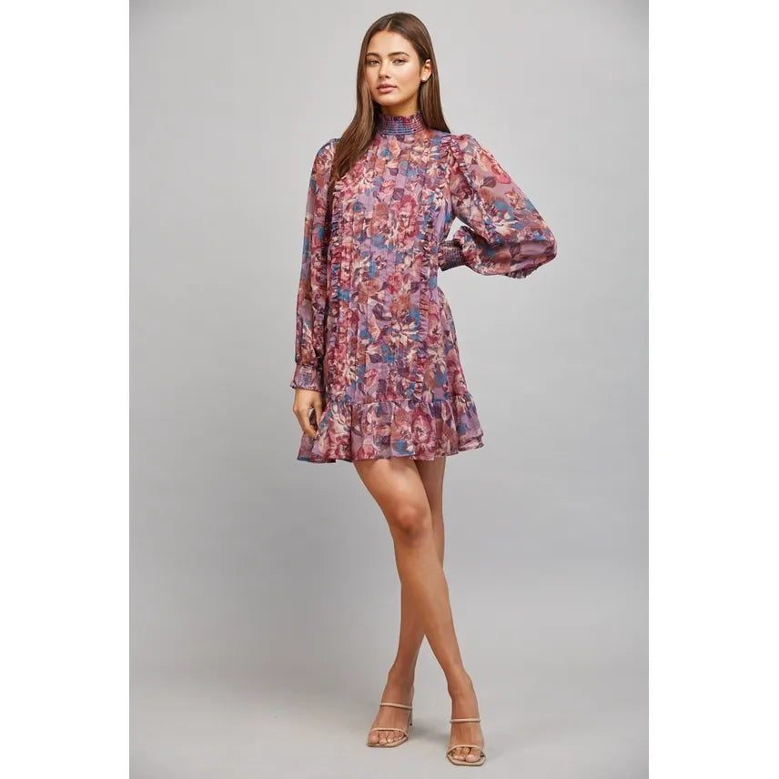 Floral Print Pleat & Ruffle Detailing Bodice Flared Dress