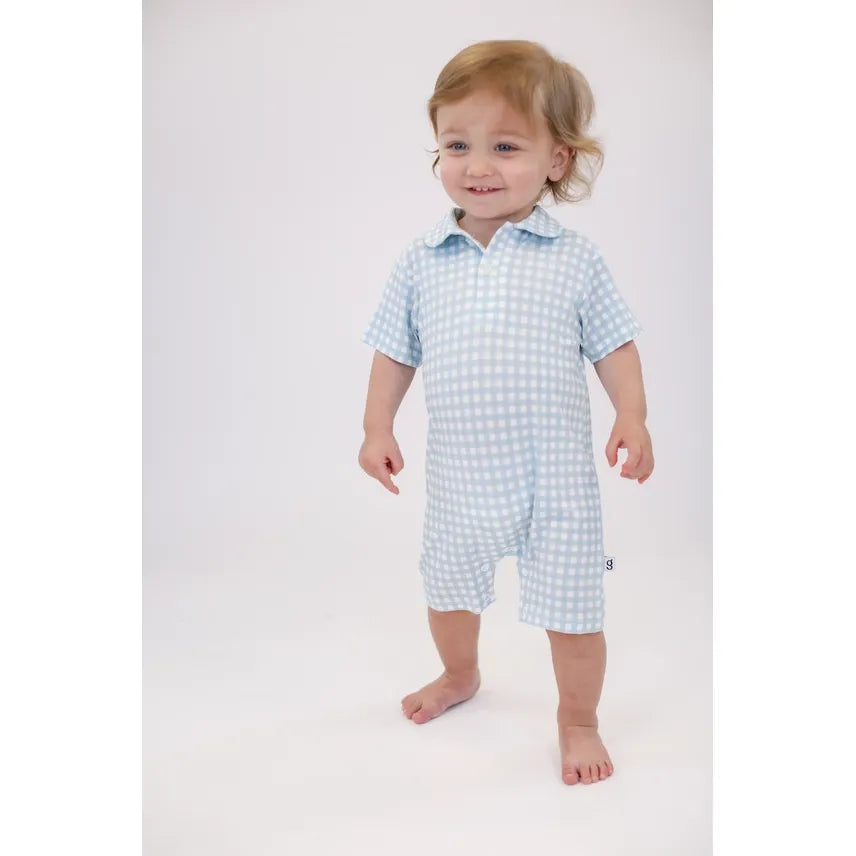Blue Gingham Short Sleeve Polo Romper
