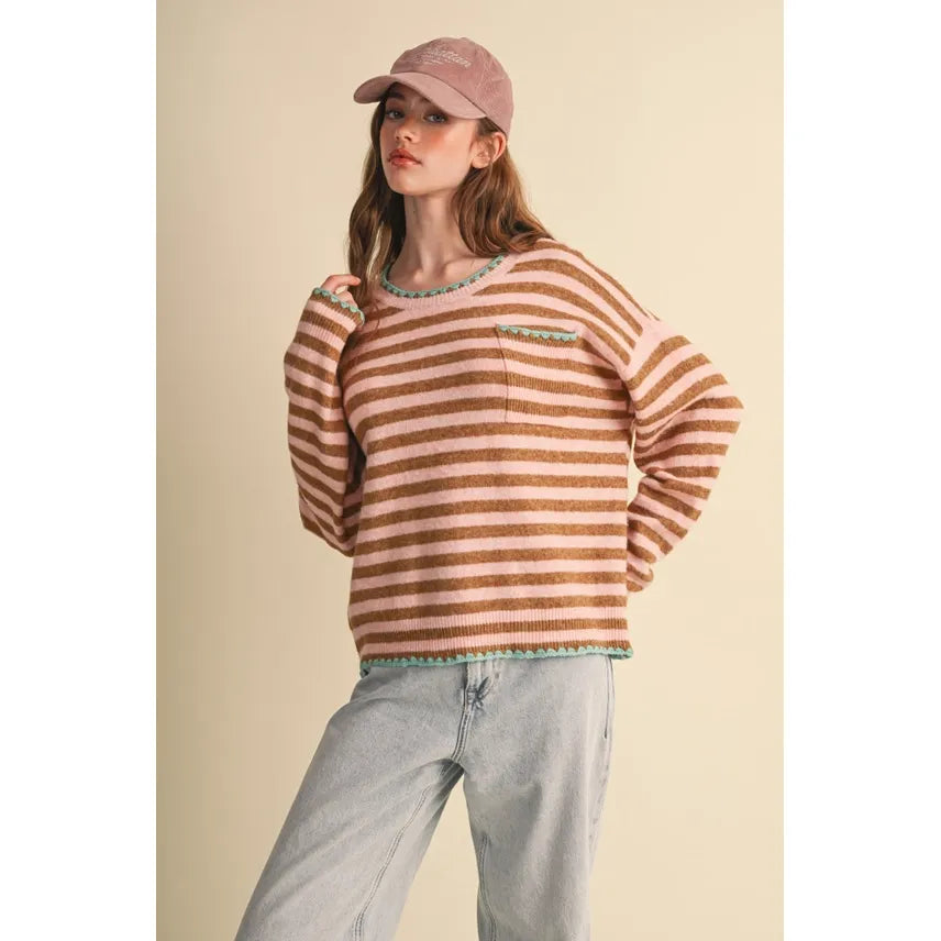 Contrast Triangle Stitch Striped Sweater