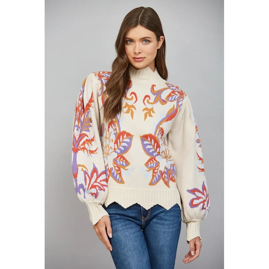 Floral & Leaf Motif Jacquard Knit Waved Edge Detail Sweater